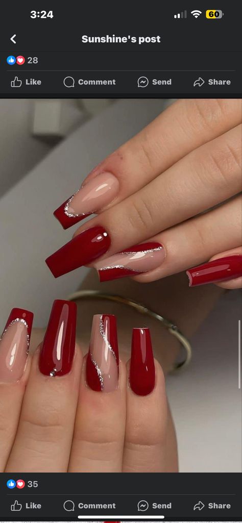 Nail Inspo Wine Red, Fall Bling Nails, Red Wine Nails, Plain Acrylic Nails, Red And Silver Nails, Sliver Nails, French Manicure Nail Designs, Wine Nails, Maroon Nails