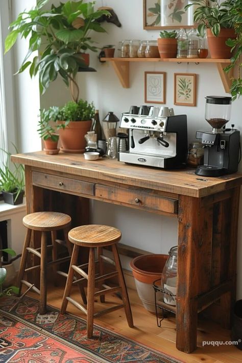 Coffee House Kitchen, In Home Coffee Bar, Rustic Kitchen Aesthetic, Vintage Coffee Bar Ideas, Cottage Coffee Bar, Coffee Corner Aesthetic, Coffee Bar Station Ideas, Home Coffee Bar Station, Bar Station Ideas