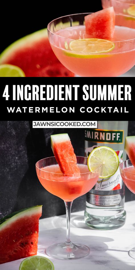 This 4 Ingredient Watermelon Cocktail is a simple, delicious and summery cocktail you can make in minutes! Make it with fresh or store bought watermelon juice and fresh squeezed lime juice for the ultimate summer cocktail! Simply Watermelon Juice Cocktail, Smirnoff Watermelon, Watermelon Cocktail Recipes, Unique Cocktail Recipes, Watermelon Cocktail, Watermelon Drink, Watermelon Lemonade, Sweet Cocktails, Summer Drink Recipes