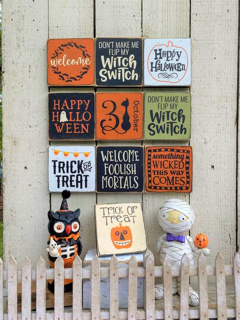 "All Halloween signs 20% off for orders over $35. Use coupon code - SPOOKYJULY Cute little 5 1/2\" Halloween signs See more Fall & Halloween minis at - https://www.etsy.com/listing/853539702/mini-fall-signs-fall-decor-tiered-tray https://www.etsy.com/listing/838964248/halloween-signs-halloween-decor-tiered https://www.etsy.com/listing/852463743/halloween-mini-signs-halloween-decor These signs are made to order. Orders are currently taking 7-14 days for production. I carefully wrap and pack e Small Halloween Signs Wooden, Halloween Minis, Halloween Art Ideas, Tag Signs, Trick Or Treat Sign, Wood Work Ideas, Door Tag, Halloween Wood Signs, Halloween Wood Crafts