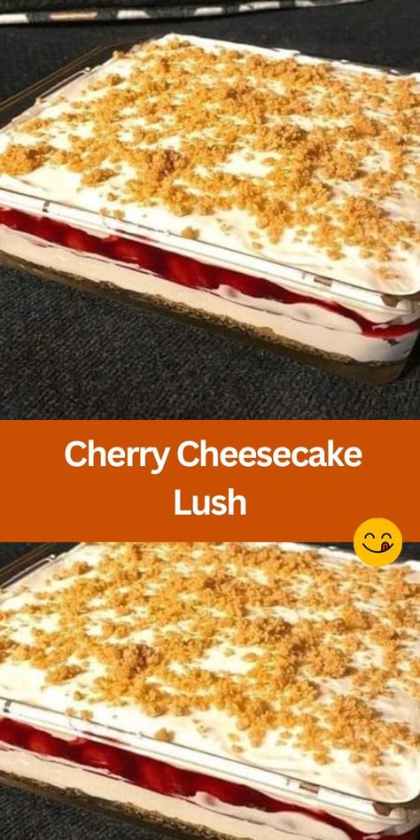 Looking for a dessert that's both delicious and visually stunning? Try our Cherry Cheesecake Lush recipe! This easy-to-make dessert features layers of golden oreo crust, creamy cheesecake filling, and sweet cherry pie topping, all topped with whipped topping and chopped nuts. Perfect for parties, potlucks, or any sweet craving! Cherry Cheesecake Lush, Creamy Potato Bacon Soup, Golden Oreo Crust, Cheesecake Lush, Cherry Pie Filling Recipes, Lush Recipes, Cherry Cheesecake Recipe, Sweet Cherry Pie, No Bake Cherry Cheesecake