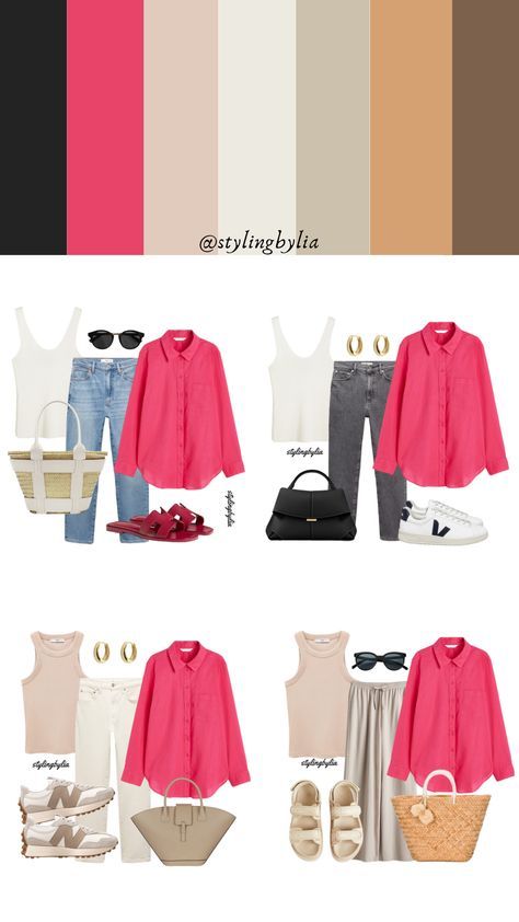 Bright Pink Shirt Outfit, Capsule Wardrobe Pink, Pink Shirt Outfit Ideas, Bright Pink Outfit, Dusty Pink Outfits, Warm Spring Outfits, Pink Shirt Outfit, Shirt Outfit Ideas, Capsule Wardrobe Women