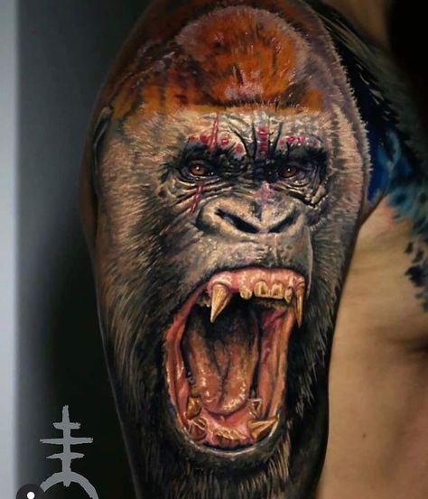 Silverback Gorilla Tattoo, Gorilla Tattoo Ideas, Gorilla Tattoos, Silverback Tattoo, Tato 3d, Mangas Tattoo, Military Tattoo, Animal Sleeve Tattoo, Monster Tattoo