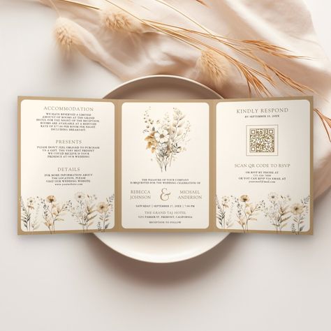 Fall Autumn Boho Wildflower Photo QR Code Wedding Tri-Fold Invitation Wedding Invitations Autumn, Trifold Wedding Invitations, Autumn Wedding Invitations, Wedding Booklet, Western Wedding Invitations, Folded Invitation, Cricut Wedding Invitations, Inexpensive Wedding Invitations, Making Wedding Invitations