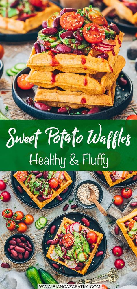 Sweet Potato Waffles (Savory or Sweet) An easy recipe for delicious, fluffy, soft, vegan sweet potato waffles made with simple ingredients and no eggs, butter or dairy! They can be made, savory or sweet or gluten-free and are perfect for breakfast, as a snack or quick lunch or dinner! Sweet Potatoes Waffles, Vegan Savory Waffles, Vegan Sweet Potato Waffles, Vegan Recipes With Sweet Potatoes, Vegan Gluten Free Waffles, Waffles Savory, Vegan Cheesecake Easy, Vegan Sweet Potato Recipes, Vegan Food Pyramid