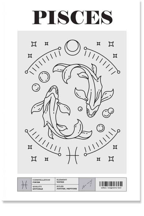 Pices Zodiac Illustration, Pisces Graphic Design, Zodiac Sign Prints, Pisces Poster Aesthetic, Pices Poster, Pisces Drawing Ideas, Pices Zodiac Drawing, Pisces Drawing Zodiac, Pisces Art Drawing