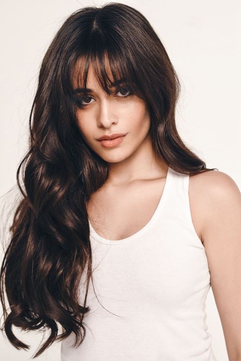 Camila Cabello - Photoshoot for L Cabello Hair, Wispy Bangs, Long Brown Hair, Long Hair With Bangs, Fifth Harmony, Grunge Hair, Bang Bang, Hairstyles With Bangs, Dark Hair