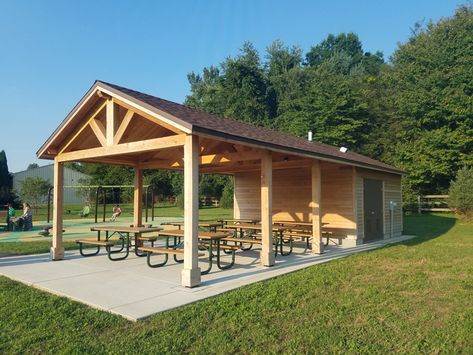 Beautiful Community Park Restroom Timber Lap Siding Pavilion With Bathroom, Outdoor Pavilion With Bathroom, Pavilion Shed, Pavilion With Storage Room, Outdoor Restroom Ideas, Outdoor Pavilion With Bar, Public Restroom Outdoor, Pavilion Event Space, Outdoor Restroom