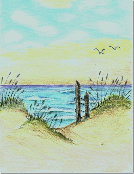 Beach Color Pencil Drawing, Colored Pencil Beach Scene, Coloured Pencil Landscape Drawings, Beach Colored Pencil Drawing, Beach Scenes Drawing, Beach Scene Drawing, Landscape Drawing Easy, Beach Sketches, Colored Pencil Art Projects