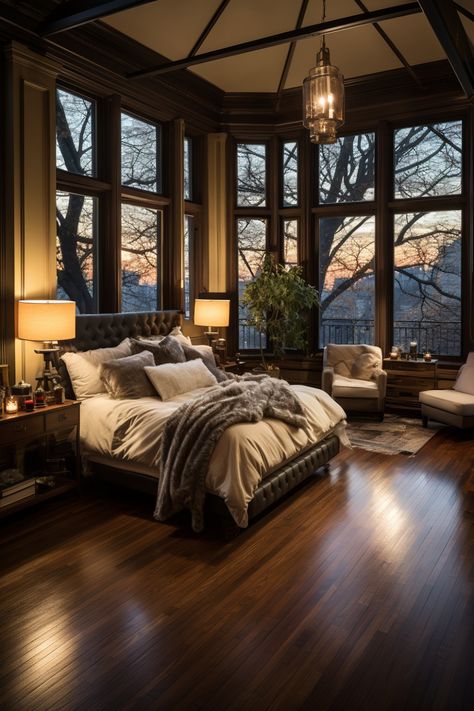 Wooden Bed Frame Master Bedrooms, Bedroom By The Window, Bedroom With A Big Window, Big Bedroom Ideas For Couples, Tall Window Bedroom, Big Window Behind Bed, Comfy Master Room, Cozy Bedroom With Big Window, Big Window Bedroom Ideas