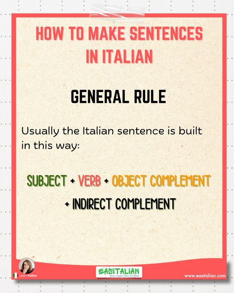 Want to speak Italian with confidence? Let’s master the basics of Italian sentence structure together! Check out these simple rules to start forming perfect sentences in no time. Swipe 👉 and get ready! What’s your favorite Italian phrase? Drop it in the comments! 👇 #italianlessons #SpeakItalian #Italianlanguage #ItalianLearning #Italiano #ItalianLearning #Italiano #Italianlanguage #learnitalianlanguage #ItalianGrammar Speak Italian, Italian Grammar, Italian Lessons, Italian Language Learning, Italian Phrases, Subject And Verb, Sentence Structure, Learning Italian, Italian Language