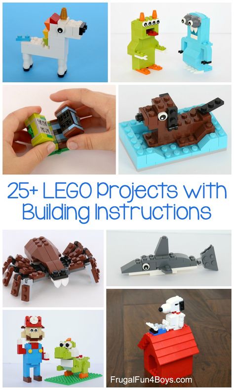 Got a big tub of LEGO bricks? Try these project ideas!  LEGO projects to build with building instructions Lego Classic Ideas Step By Step, Lego Build Instructions, Little Lego Builds, Lego Instructions Step By Step Printable, Lego Animals Easy, Lego Easy Ideas, Small Lego Ideas, Simple Lego Creations, Small Lego Builds