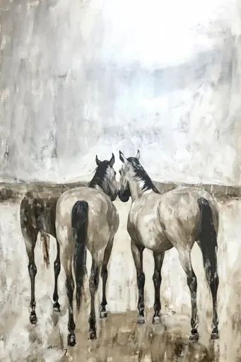 ↑↑↑ Larger size on website 🔸 A painting of three horses, viewed from behind, standing in a field. The horses are brown with black Horse From Behind, Brown Horses, Standing In A Field, Three Horses, Horse Face, Brown Horse, Minimalist Painting, Triangle Shape, White Wash