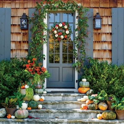 Fall Wreath Ideas - Southern Living Fall Porches, Harvest Decor, Fall Front Porch, Pumpkin Ideas, Planter Ideas, Front Porches, Autumn Scenes, Leaves Fall, Fall Front