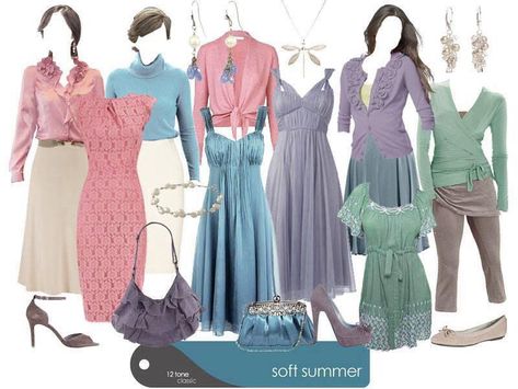 Soft Summer flirty & feminine fashion inspiration. Dyt Type 2, Soft Summer Fashion, Kibbe Romantic, Soft Summer Palette, Soft Summer Color Palette, Soft Summer Colors, Summer Color Palette, Seasonal Color Analysis, Color Me Beautiful