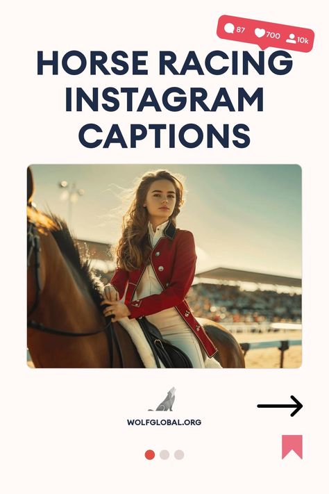 Promotional Instagram image featuring a female equestrian in a red jacket on a horse.
Graphic list of horse racing-themed motivational phrases with icons, and a call to action button.
A woman smiling at a laptop surrounded by social media engagement icons and an invite to join an Instagram pod. Horse Instagram Bio Ideas, Instagram Horse Captions, Horse Ig Captions, Horse Captions Instagram, Horse Vaulting, Race Day Fashion, Horse Races, Instagram Games, Run For The Roses