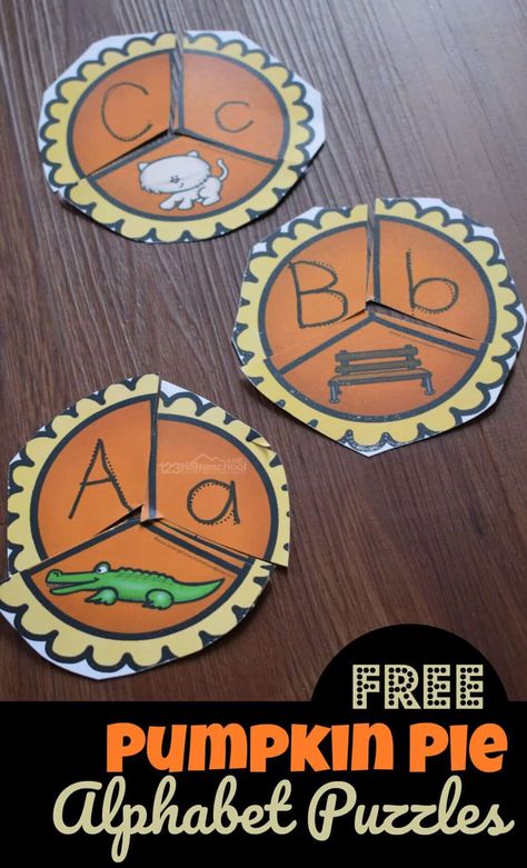 FREE Pumpkin Pie Alphabet Puzzles - super cute free printable alphabet activity to practice tracing upper and lowercase letters as well as matching letters and the sounds they make #kindergarten #pumpkin #alphabet Morning Manipulatives Preschool, Pumpkin Beginning Sounds Free, Beginning Sound Games Kindergarten, Pumpkin Ela Activities, Fall Morning Tubs Kindergarten, Thanksgiving Hands On Activities, Letter S Kindergarten Activities, November In Kindergarten, November Literacy Centers Kindergarten