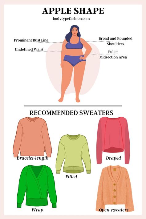 How to Choose Sweaters for the Apple Body Shape - Fashion for Your Body Type Apple Body Fashion, Vneck Sweater Outfit, Unique Body Features, Apple Body Shape Clothes, Apple Body Shape Fashion, Apple Body Shape Outfits, Apple Body Shape, Apple Shape Fashion, Apple Body Type