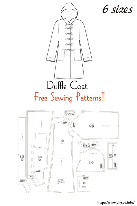 This is the pattern of a Duffle Coat. cm size(A4 size) Children's-100,120,140/Ladies'-S,M,L Ladies Jacket Pattern Sewing, Free Raincoat Pattern, Ladies Coat Pattern, Free Hoodie Sewing Pattern, Free Coat Pattern, Coat Patterns Sewing Women Free, Coat Free Pattern, Hooded Coat Pattern, Trench Coat Pattern