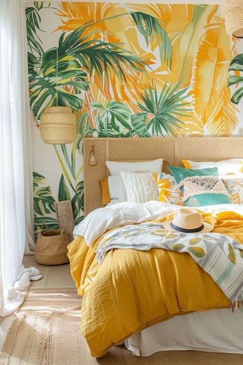 Bright Pastel Bedroom, Boho Bedroom Lighting, Earthy Boho Bedroom, Summer Bedrooms, Decorate Airbnb, Summer Bedroom Ideas, Lights Boho, Tropical Chic Decor, Summer Bedroom Decor