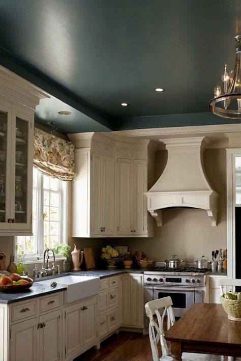 kitchen ceiling color ideas, kitchen ceiling paint colors, kitchen ceiling design, kitchen ceiling decor Dark Kitchen Ceiling Ideas, Kitchen Ceiling Color Ideas, Black Ceiling Kitchen Ideas, Painted Kitchen Ceiling Ideas, Painted Ceiling Kitchen, Painted Kitchen Ceiling, Kitchen Soffit, Monochrome Kitchen, Ceiling Color