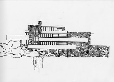 South Elevation- Front View of Fallingwater Facing Waterfall. Ink on mylar sketch from: decoratingflair.com Falling Water Sketch, Falling Water Architecture, Frank Lloyd Wright Drawings, Frank Loyd Wright Houses, Falling Water Frank Lloyd Wright, Kaufmann House, Falling Water House, Waterfall House, Frank Lloyd Wright Architecture