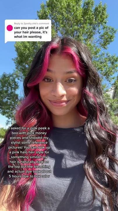 Hair Inspo Color Peekaboo, How To Style Peekaboo Hair, Peak A Boo Pink Hair Color, Peel A Boo Hair Color, Black Hair With Pink Tips, Peakaboo Dye Hair, Peek A Boo Pink Hair, Pink Peek A Boo Hair, Pink Hair Peekaboo