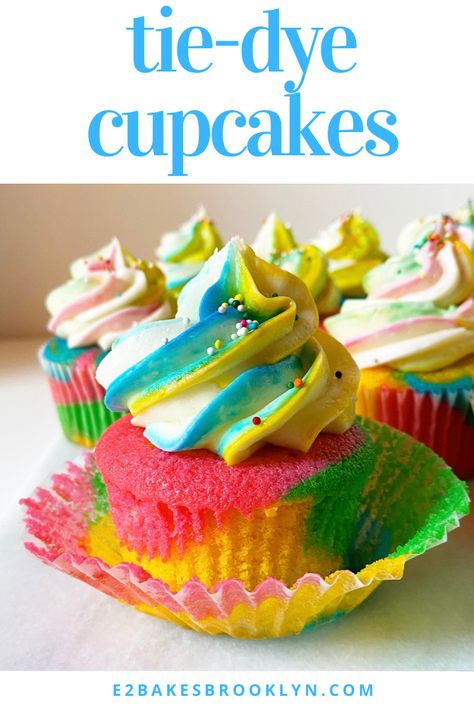 Tie-Dye Cupcakes – e2 bakes brooklyn Hippy Party Theme Food, Tie Dye Cupcakes Birthday, The Dye Cupcakes, Tye Dye Cupcakes, Multi Colored Cupcakes, Tie Dye Cupcakes Frosting, Tie Dye Food Ideas, Glow Party Cupcakes, Tie Dye Party Food