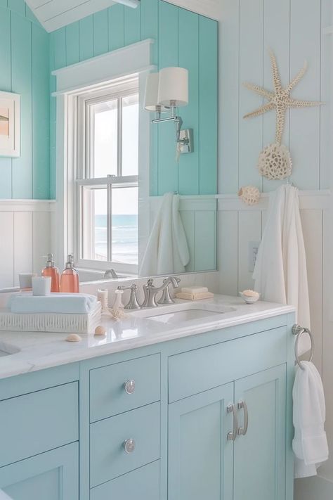 Coastal Charm: My Beach Bathroom Makeover Ideas Coastal Vanity Bathroom, Beach Aesthetic Bathroom, Blue Beach Bathroom, Aqua Bathroom Ideas, Beachy Bedroom Aesthetic, Coastal Vanity, Coastal Cottage Bathroom, Beach Bathroom Design, Bathroom Makeover Ideas