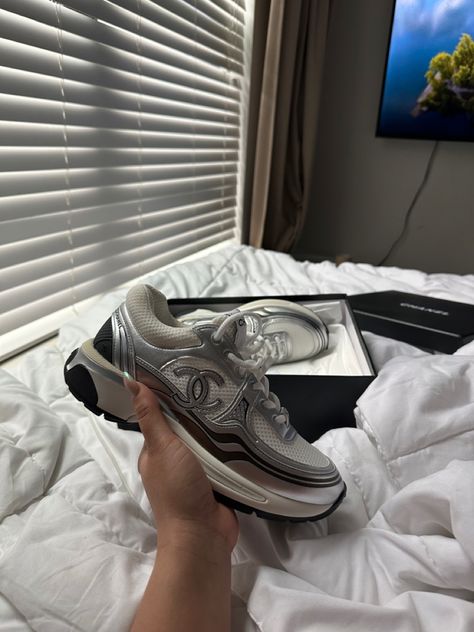 Silver Chanel Sneakers Outfit, Chanel Sneakers Outfit Black Women, Classic Silver Sneakers For Streetwear, Chanel Trainers Outfit, Silver Synthetic Sneakers For Streetwear, Chrome Sneakers, Chanel Sneakers Outfit, Luxury Dynamic Silver Sneakers, Chanel Runners