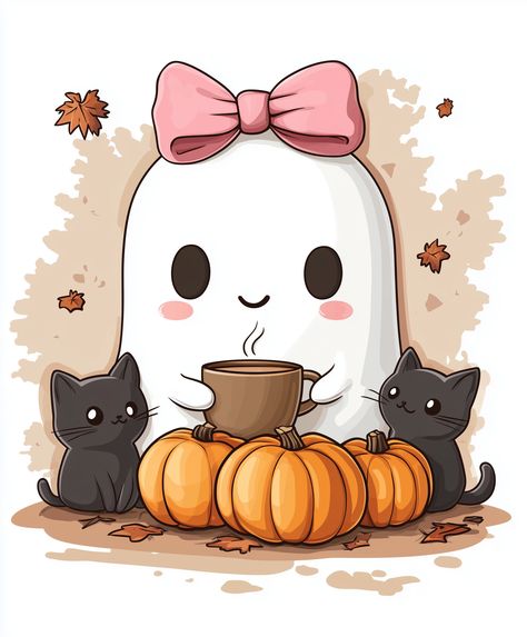 Black Cats Cute, Fall Digital Art, Cute Halloween Art, Cute Digital Art, Falling Autumn Leaves, Cute Artwork, Halloween Themes Decorations, Cup Cat, Halloween Wallpaper Cute