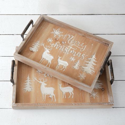 Set of Two Christmas Wooden Serving Trays Christmas Trays, Christmas Serving Tray, Christmas Tray, Painted Trays, Wooden Serving Trays, Christmas Wonderland, Iron Handles, Old Fashioned Christmas, Vintage Kitchen Decor