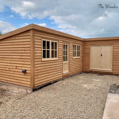 'L' shape garden office with storage L Shape Garden Ideas, L Shaped Extension Ideas, L Shaped Shed Ideas, Work Shed Ideas Workshop, L Shaped Garage, L Shaped Deck, L Shaped Shed, Office With Storage, Greenhouse Shed Combo