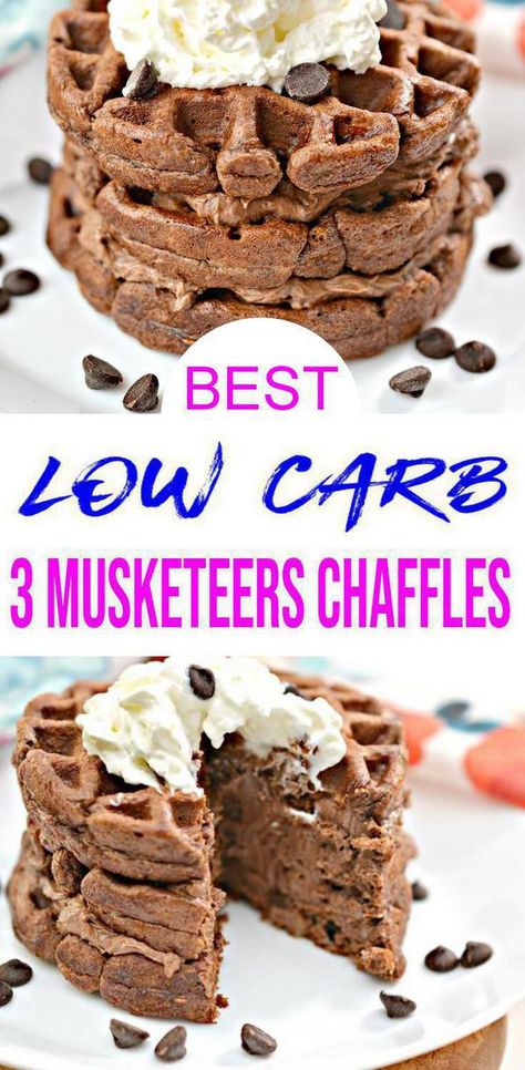 4 3 Musketeers chaffle stacked on each other with whipped cream topping. Low carb chaffle recipe easy & delish Desserts Low Carb, Keto Chaffles, Keto Chaffle, Chaffle Recipe, 3 Musketeers, Waffle Maker Recipes, Keto Easy, Postre Keto, Keto Candy