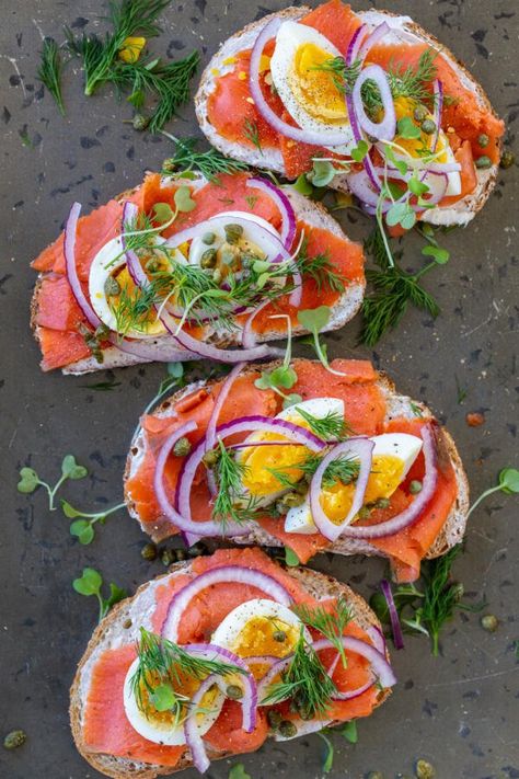 Smoked Salmon Toast - Momsdish Smoked Salmon Toast, Open Faced Sandwiches, Smoked Salmon Eggs, Salmon Toast, Smoked Salmon Breakfast, Salmon Breakfast, Salmon Sandwich, Smoked Salmon Recipes, Salmon Eggs