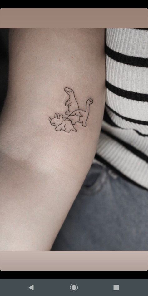 Dinasour Minimalist Tattoo, Three Dinosaur Tattoo, Dino Family Tattoo, Mama Dinosaur Tattoo, 3 Dinosaur Tattoo, Fineline Dinosaur Tattoo, Small Dinasour Tattoo Ideas, Triceratops Tattoo Cute, Dino Nugget Tattoo