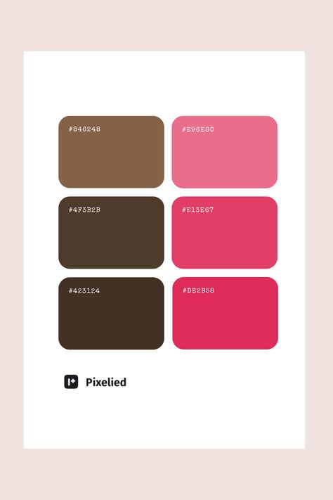 This color palette features a rich blend of brown and pink vibrant tones. This combination balances natural earth tones with energetic pinks, ideal for designs that aim to mix warmth with vibrancy. Pink Brown Color Palette, Earthy Pink Palette, Pink Earth Tones Palette, Pink Brown Palette, Neutral Pink And Brown Color Palette, Brown And Pink Pallete Color, Color Scheme Generator, Color Generator, Flip Image