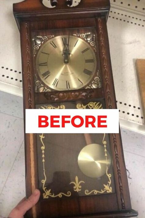 Turn an old thrift store clock into a beautiful home decor frame. Check out the before and after photos of this display makeover idea, perfect if you're decorating on a budget. #diy #clock #repurpose Clock Repurpose, Accent Wall Stencil, Thrift Store Makeover, Thrift Store Diy, Country Chic Paint, Thrift Store Crafts, Pendulum Clock, Old Clocks, Antique Clock