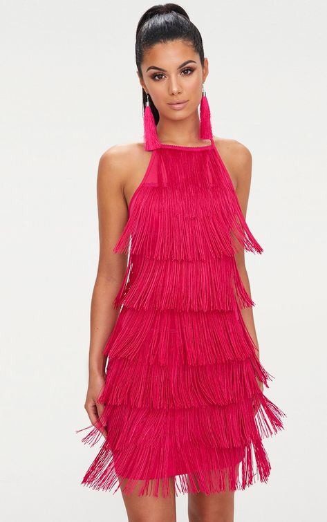 Trendy Party Outfits, Fringe Flapper Dress, 1920s Outfits, Halter Cocktail Dress, Tassel Dress, Hot Pink Dresses, Pink Tassel, Coral Dress, Gala Dresses