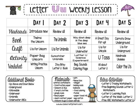 LETTER U – FREE PRESCHOOL WEEKLY LESSON PLAN – LETTER OF THE WEEK - This Crafty Mom Alphabet Lesson Plans, Preschool Weekly Lesson Plans, Weekly Lesson Plan, Daycare Lesson Plans, Toddler Lessons, Curriculum Lesson Plans, Lesson Plans For Toddlers, Homeschool Preschool Activities, Preschool Lesson Plan