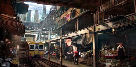 Future Train, Hong Kong Building, Cyberpunk World, Sci Fi Architecture, Future Cities, City Ideas, Anime City, Speed Painting, Public Market