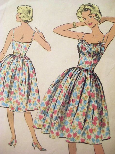 Authentic vintage sewing patterns: This is a fabulous original dress making  pattern, not a copy. Because the sewing patterns are vintage and preowned, we check each vintage sewing pattern for completeness, for the pattern pieces and the instruction sheet. In many cases the vintage patterns have never been used and are uncut and factory folded. Brigitte Bardot Style, Rockabilly Dress Pattern, 1950s Bombshell, Midriff Dress, Patron Vintage, Retro Sewing Patterns, Bardot Style, Dress Tutorial, Vintage Dress Patterns