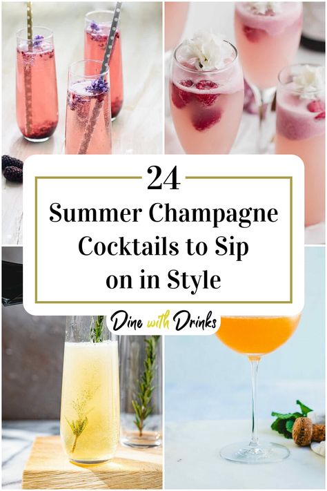 Collage of 4 summer champagne cocktails. Prosecco Drinks Summer, Summer Drinks With Champagne, Champagne Summer Drinks, Cocktail Recipes With Champagne, Mixed Drinks With Champagne, Prosecco Cocktails Summer, Welcome Cocktail Ideas, Easy Champagne Drinks, Drinks Made With Champagne