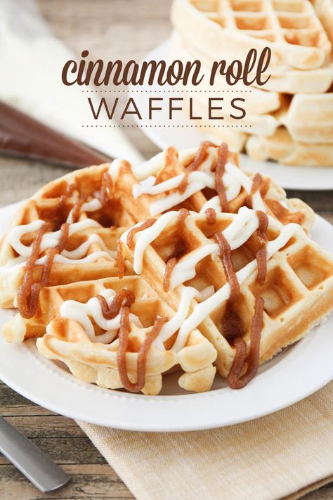 Cinnamon Roll Waffles - crisp, buttery, tender waffles, topped with an amazing combination of sweetened cream cheese and a cinnamon brown sugar topping. Each bite tastes just like a homemade cinnamon roll, but they're so much faster and easier to make! Cinnamon Roll Waffles Recipe, Easy Waffle Recipe, Cinnamon Roll Waffles, Waffle Iron Recipes, Waffle Maker Recipes, Waffles Easy, Easter Brunch Food, Breakfast Waffles, Waffle Toppings