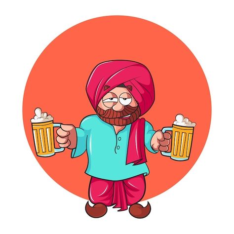 Punjabi Illustration Art, Punjabi Illustration, Punjabi Cartoon, Beer Cartoon, Happy Character, Wing Tattoo Men, Random Idea, Chicken Vector, Cartoon Chef