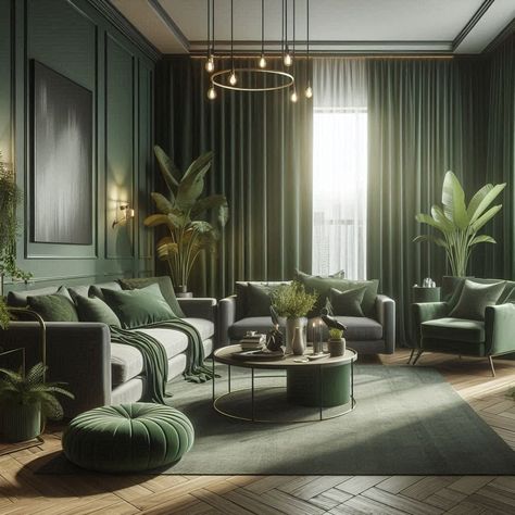 Forest Green Dark Green Living Room Moss Green Curtains Living Room Sage Green, Living Room Sage, Room Sage Green, Emerald Green Living Room, Library Green, Dark Nautical, Dark Green Style, Green Living Room Ideas, Future Interior Design