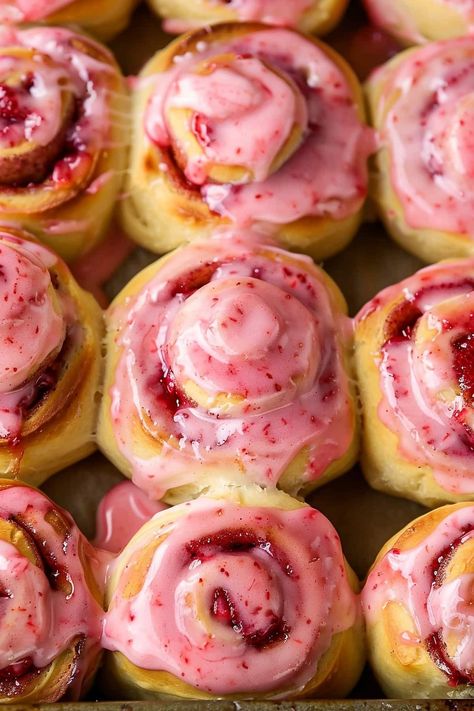 Strawberry Cinnamon Rolls - Insanely Good Strawberry Cream Cinnamon Rolls, Strawberry And Cream Cinnamon Rolls, Strawberry Winter Rolls, Strawberry Shortcake Cinnamon Rolls, Pink Velvet Cinnamon Rolls, Birthday Deserts, Finger Dessert, Raspberry Rolls, Strawberry Rolls