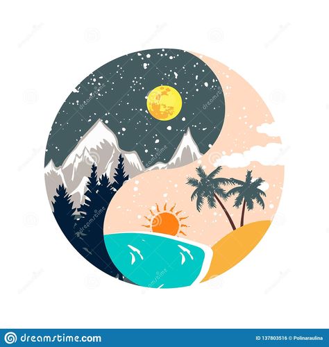 Illustration about Illustration of Yin and Yang cold and heat, summer and winter, day and night, beach and mountains,sun and moon. Illustration of darkness, ethnic, chinese - 137803516 Ying Yang Illustration, Sun And Moon Illustration, Beach And Mountains, Jing Jang, Jing Y Jang, Winter Tattoo, Jin Jang, Winter Drawings, Yin Yang Designs