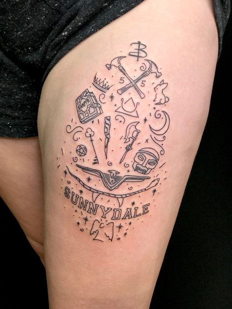 Buffy the Vampire Slayer tattoo. Each symbol represents a character/moment in the show Buffy Inspired Tattoos, Buffy Symbols, Buffy Tattoo Ideas, Tatooed Woman, Vampire Slayer Tattoo, Buffy The Vampire Slayer Tattoo, Ink Splotch, Buffy Tattoo, Space Sleeve