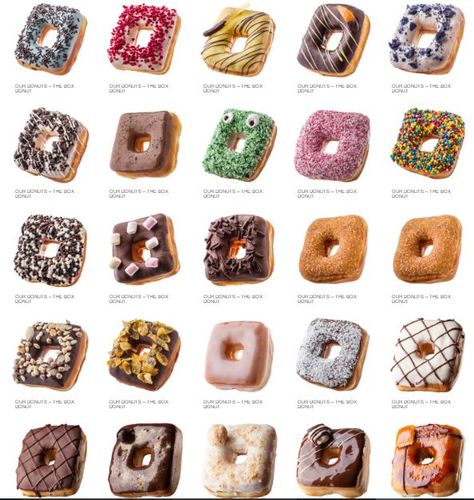 Different Donut Flavors, Square Doughnut, Donut Flavors Ideas, Doughnut Flavor Ideas, Donut Packaging Ideas, Donuts Decoration, Square Donut, Types Of Donuts, Square Donuts